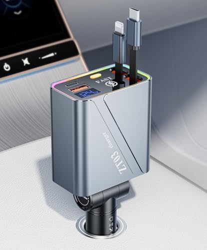 Ultra-Fast 4-in-1 Retractable Car Charger – 66 W Multi-Device Adapter with 35.5” Tangle-Free Cords & Stylish RGB Lighting for Seamless Charging of i Phone 16/15/14/13/12/11, Mac Book, Samsung, Tablets, and Android Devices – Compact Car Accessory for Ultimate Convenience and Compatibility