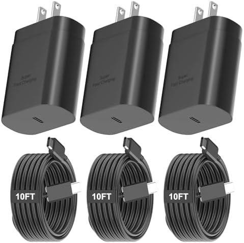 Ultra-Fast 25 W Type C Charger with 10 ft USB C Cable – 3-Pack for Samsung Galaxy Devices Including S25/S24/S23/S22/S21/Note Series – Optimal Charging Efficiency and Versatile Connectivity for Home and Travel