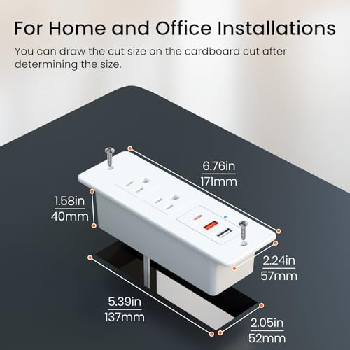 Recessed Power Strip with 15 W Wireless Charging & PD20 W USB-C Fast Charge – Sleek Flush Mount Design for Nightstands, Sofas, and Tables – Maximize Space and Efficiency with Dual Outlets and USB Ports for Ultimate Convenience