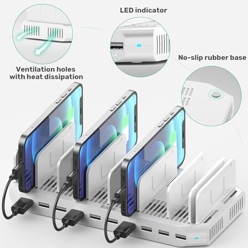 Ultimate 10-Port USB Charging Station with QC3.0 – 60 W Multi Charger Hub for Tablets & Smartphones, Customizable Dividers for Organized Power Management, Fast Charging Technology for Home & Office Use