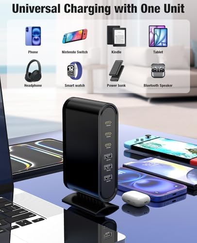 High-Power 96 W Multi-Device Charging Station – 6-Port USB-C Fast Charging Hub with 6 ft Cables for i Phone 16, 15 Pro Max, Samsung, Android & i Pad – Sleek Black Organizer for Home & Office Use – Rapid Charging Solution to Eliminate Cable Clutter
