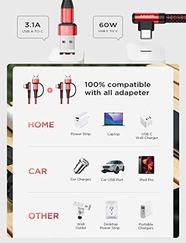 AINOPE 6.6 FT USB C Right Angle Charging Cable with USB to USB C Adapter – 60 W Fast Charging for i Phone 16, 15 Pro, i Pad & Samsung Devices – Enhanced Compatibility & Convenient Access for Gaming and Multitasking
