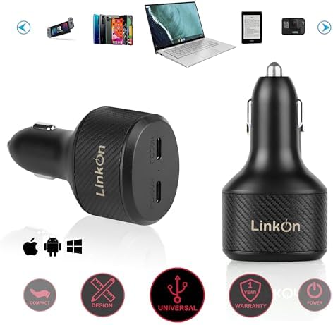 Experience Rapid Power with the Link On 84 W USB-C Car Charger: Dual-Port Fast Charging Adapter Featuring 60 W PD3.0 & 18 W QC3.0 for Mac Book, Dell XPS, Google Chromebook & More – Compact, Multi-Device Accessory with Enhanced Safety Mechanisms for Reliable Performance on the Road