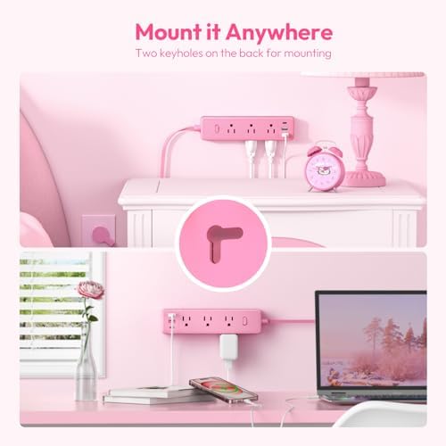 Stylish Pink Surge Protector Power Strip by NTONPOWER – 15 FT Flat Extension Cord with 9 AC Outlets & 3 USB Ports (1 USB-C), 1080 J Surge Protection for Home, Dorm, and Desk Use – Perfect for Women Seeking Efficiency and Aesthetic