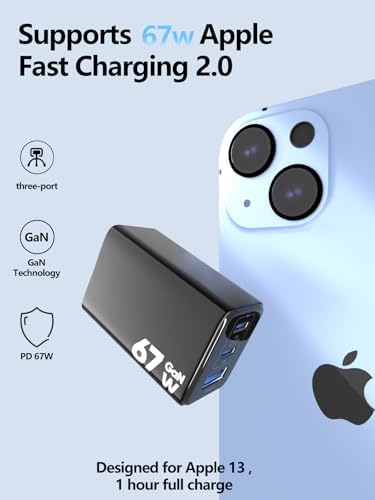 67 W Ga N USB-C Fast Charger Block – 3-Port Portable Wall Charger for Mac Book Pro, i Phone 16, Galaxy S24 & More – Compact, Foldable Design with Included Data Cable for Ultimate Compatibility & Speed