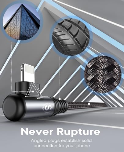 10 FT Right Angle i Phone Charger Cable 2-Pack – MFi Certified Lightning Fast Charging for i Phone 14/13/12/11 Pro Max & More – Durable Nylon Braided Design for Optimal Performance and Tangle-Free Convenience – Perfect for Gaming and Streaming