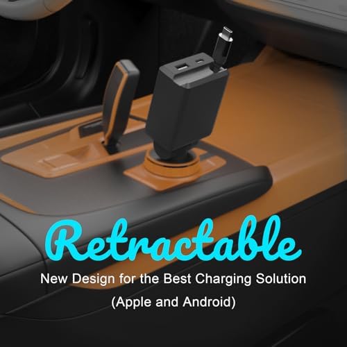 Ultimate Retractable 75 W Fast Charging Car Adapter – 3-in-1 USB-C Charger with 30-inch Cables and Dual USB Ports for i Phone 16/15, i Pad, Galaxy, Pixel, Laptops – Tangle-Free Convenience and Enhanced Performance for All Your Devices