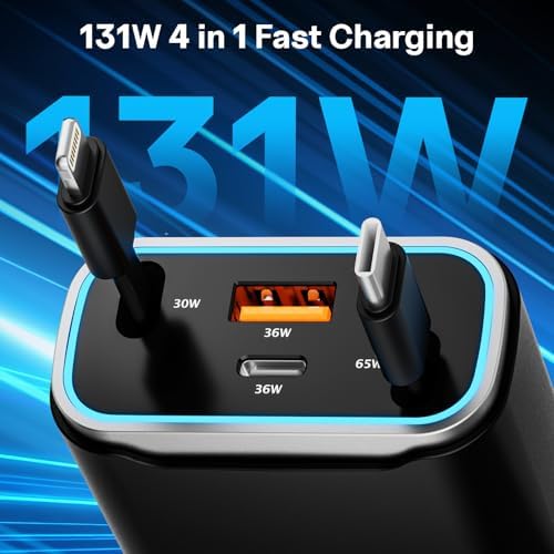 4-in-1 Retractable Fast Car Charger for i Phone & Samsung – 131 W Dual USB Adapter with 31.5-Inch Cables for Ultimate Convenience and Speed on the Go