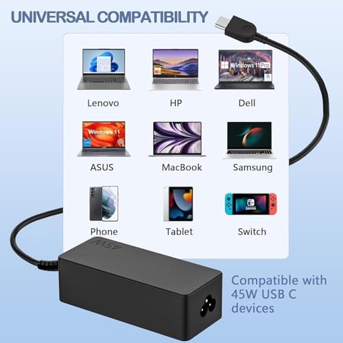 High-Efficiency 45 W USB Type C Power Adapter for Lenovo Think Pad & Chromebook – Fast Charging with Multi-Protection Safety Features for Enhanced Device Compatibility and Reliability