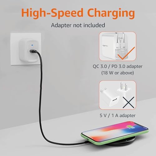 Streamlined 15 W Qi-Certified Wireless Charging Pad by Amazon Basics for i Phone & Samsung – Ultra-Fast Charging, Case-Friendly with Non-Slip Surface, Elegant Black Finish, Includes USB Cable for Effortless Setup and Stability at Home or Office
