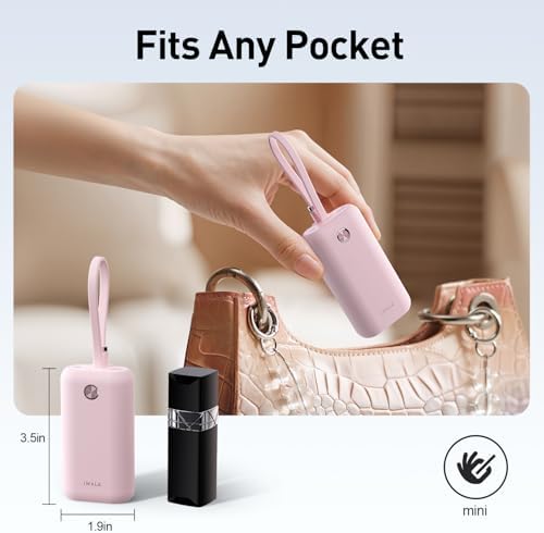 i WALK Ultra-Slim 10,000 m Ah Power Bank with Built-In Cable – Lightning-Fast 22.5 W USB-C Charging for i Phone 16/16 Pro/15, Samsung & Google – Travel-Friendly Pink Mini Portable Charger for On-the-Go Connectivity