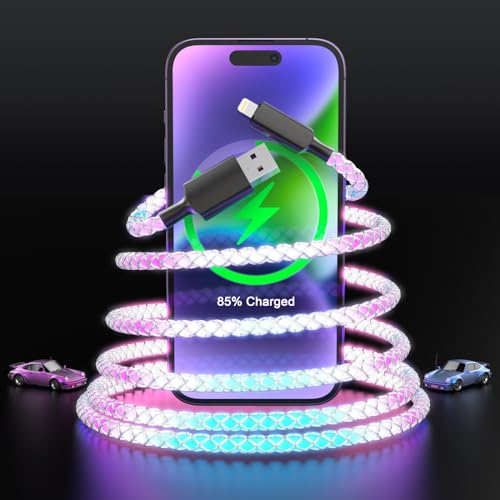 Illuminate Your Charging Experience with the 6 FT LED Light Up Flowing i Phone Charger – MFi Certified Lightning Cable for Fast Charging and Data Sync – Compatible with All Apple Devices Including i Phone 14/13/12/Pro/11/X/XS/XR/8/7/6/5 S/SE and i Pad – Stylish Glowing Indicator for Low-Light Visibility and Enhanced Durability