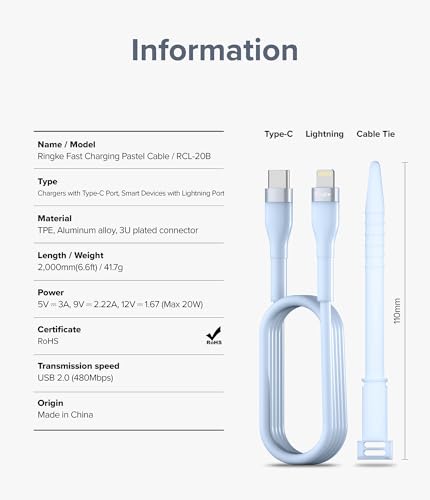 Vibrant 6.6 FT Ringke USB C to Lightning Charging Cable – Fast Charge Your i Phone, i Pad & Air Pods with Stylish Purple Pastel Design, Tangle-Free Connectivity for Effortless Use in Car Play & Beyond, Durable & Efficient Performance