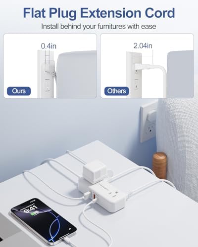 Sleek Flat Plug Power Strip with 5 Ft Extension Cord – 4 AC Outlets & 3 Fast-Charging USB Ports (5 V/3.4 A) – Compact Travel-Friendly Power Solution for College Dorms, Home Offices, and On-the-Go Charging – Maximize Space and Connectivity
