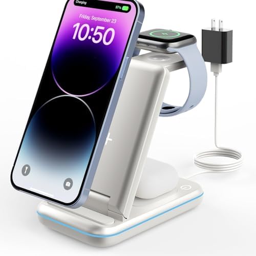 GEEKERA 3-in-1 Foldable Wireless Charging Station for Apple Devices – Fast Charge Your i Phone 16/15/14/13/12/11 Pro Max, Apple Watch Ultra/10/9/SE/8/7/6/5 & Air Pods Pro/4/3/2 with Travel-Friendly Design – Ultimate Multi-Device Charging Solution for Home & On-the-Go Efficiency