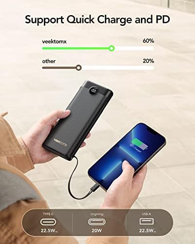 VEEKTOMX 10,000 m Ah Portable Power Bank with Integrated Charging Cables – Slim, Lightweight Fast Charger for i Phone, Samsung, and Android Devices – Essential Travel Companion with Intelligent Charging Technology for On-the-Go Convenience