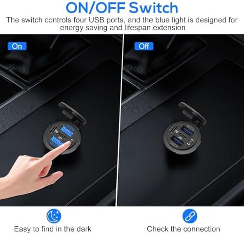 High-Power Linkstyle Dual USB Car Charger Socket – 30 W PD & 18 W QC3.0 Marine-Grade Power Outlet with Energy-Saving Button for Fast, Reliable Charging in Vehicles & Boats