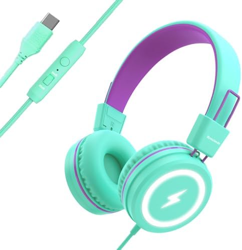 Vibrant Blue Kids Bluetooth Headphones with LED Lights – Safe Volume Limiter (85/94 d B) for Ear Protection – Fast USB Type C Charging – Comfortable On-Ear Design for School & Travel – Integrated Microphone for Clear Online Communication – Perfect for Boys & Girls