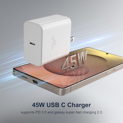 Power Up with Excgood 45 W USB C Fast Charger for Galaxy S25 Ultra – Dual Pack with 6 ft USB C to C Cable – Rapid Compatibility for Galaxy S24 FE, S23, S22, S21, Note, Tab S10, and i Phone 16 Pro Max – Optimal Charging Solution for On-the-Go Users – Sleek White Design for Every Setting – Experience Unmatched Speed and Efficiency in Device Charging