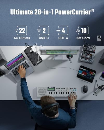 SUPERDANNY 22-Outlet Surge Protector Power Strip with 6.5 Ft Cord, 2 USB-C & 4 USB Ports – High-Capacity 1875 W/15 A with 2100 J Surge Protection for Home, Office, and Dorm Use – Wall Mount Design for Space-Saving Convenience