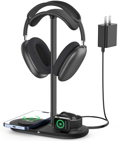 3-in-1 Aluminum Gaming Headset Holder with Fast Wireless Charging Dock – Modern Desk Organizer for Headphones, Air Pods, and Smart Devices – Streamlined Aesthetic for Gamers and Professionals – Durable & Compatible Charging Solution for Clutter-Free Workspaces