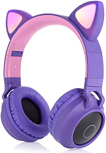 Vibrant Cat Ear Wireless Bluetooth Headphones for Kids and Teens – Fun LED Light-Up Design, Foldable Portability for Travel and Gaming – Superior Comfort for Long Listening Sessions on i Pads and Smartphones (Purple)