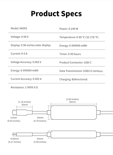 Power-Z AK001 240 W USB PD Charging Test Cable with Color Display – Versatile 5 FT USB-C Tester for Optimal Performance and Compatibility Across All Devices