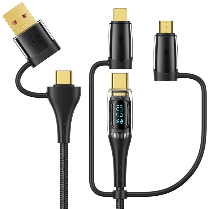 Revolutionize Your Charging Experience with the USAMS 100 W USB C Multi Charging Cable – 6.6 FT Durable Nylon Braided Cord Featuring 5-in-1 Compatibility, LED Display, and Rapid 5 A Power Delivery for Laptops, Tablets, and Smartphones – Simplify Your Tech Life Today!