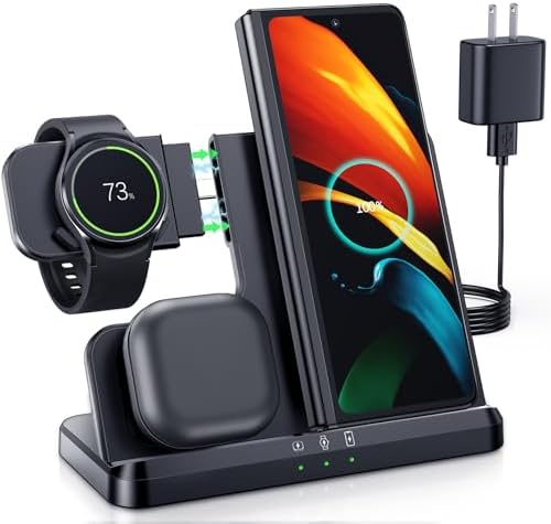 Elevate Your Charging Experience with the LK 3-in-1 Wireless Charger – Fast Charging Station for Samsung Galaxy Devices, Compatible with Galaxy Watch Ultra/7/6/5 Pro, S24 Ultra/S23/S22/S21, Z Fold/Flip 6/5/4/3, and Galaxy Buds (Black) – Compact Design with Enhanced Safety Features and LED Indicators for Seamless Power Management