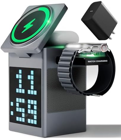 Vivilumens 3-in-1 Wireless Charging Station with Bluetooth Speaker – Fast-Powered Mag Safe Charger for i Phone, Air Pods & Apple Watch, Featuring Pixel Animation Display and Digital Clock Functionality with 18 W Adapter for Enhanced Device Versatility and Style