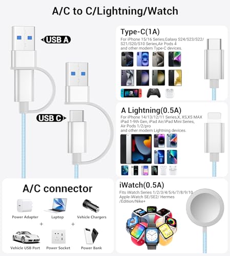 Temdan 2-Pack 5 ft 3-in-1 Charging Cable for Apple Devices – Ultimate Travel Solution with USB A, Type C & Lightning Connectors for i Phone 12-16, i Pad, and Apple Watch Ultra & SE – Durable, Versatile, and Hassle-Free Power Anywhere