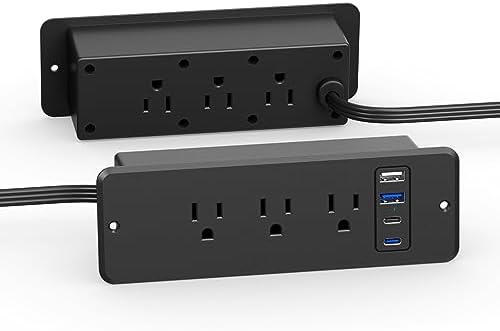 CCCEI 6-Outlet Recessed Power Strip with Dual USB-C Ports – Sleek Flush Mount Charging Station for Desks & Nightstands, 10-Foot Cord for Flexible Setup, Ideal for Home & Office Power Needs, White Finish