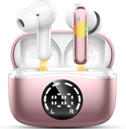Experience Unmatched Audio Excellence with 2025 Bluetooth V5.4 Wireless Earbuds – 48-Hour Playtime, Advanced ENC Noise Cancelling Mic for Clear Calls, IP7 Waterproof Design for Ultimate Protection, Dual LED Battery Indicator for Easy Monitoring, and Elegant Rose Gold Finish – Perfect for Music Enthusiasts and Professionals Seeking Premium Sound Quality on the Move.