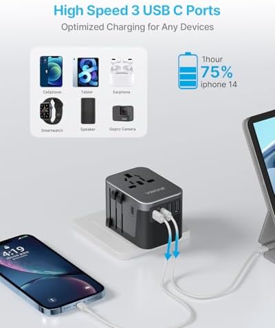 VINTAR Universal Travel Adapter: All-in-One Power Converter with 6 A Output, 3 USB-C and 2 USB Ports for Fast Global Charging Across Europe, UK, USA, and Australia – Essential Travel Accessory for Effortless Device Connectivity and Safety Features