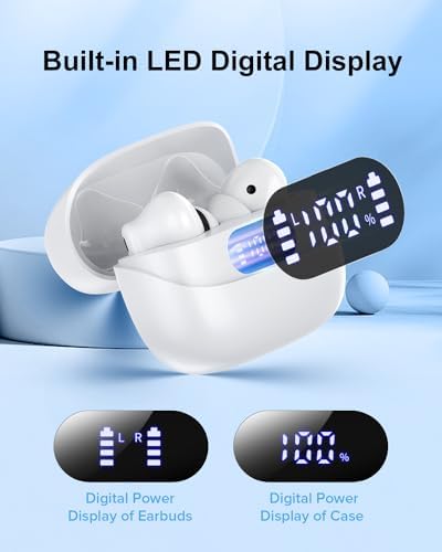 Sleek Rose Gold Wireless Earbuds with Bluetooth 5.3 | 42-Hour Long Battery Life & IPX7 Waterproof Design | Premium Noise Cancelling Earphones for Exceptional Audio | Intelligent LED Display for Seamless Connectivity on i OS & Android