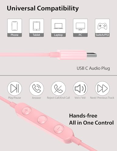 Stylish Pink USB C Earbuds for i Phone 16 Series – Ultra-Lightweight Noise-Isolating Headphones with Built-In Microphone – Perfect for Girls, Women, and Kids – Magnetic Type C Compatibility for i Pad Pro, Samsung, Google Devices – Travel-Friendly Earphones Delivering Exceptional Sound Quality and All-Day Comfort – Your Go-To Accessory for Effortless Connectivity and Vibrant Audio Experience