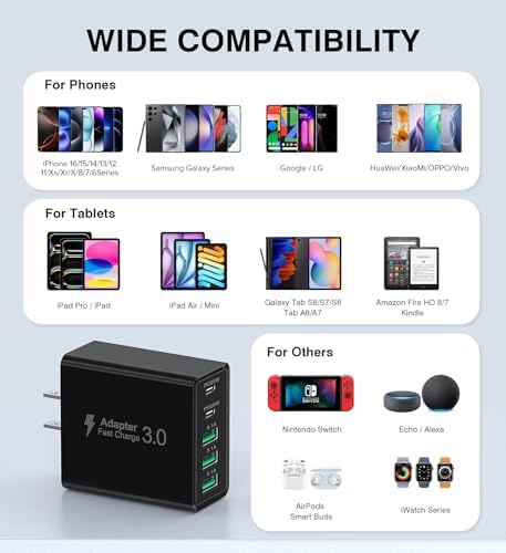 50 W Dual Type C Fast Charging Power Adapter 2-Pack – High-Performance USB-C Charger for i Phone, Samsung, i Pad, and Nintendo Switch – 5-Port Multi-Device Charger for Home and Travel – Compact, Safe, and Reliable Charging Solution