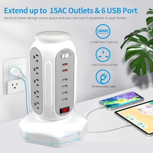 Ultimate Power Strip Tower with 15 Outlets & 6 USB Ports – Surge Protector with Vibrant LED Indicator & Rapid Charge Technology – 6.5 ft Heavy-Duty Extension Cord for Home Office & Entertainment Hub – Versatile Desktop Charging Solution for All Devices