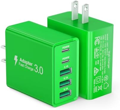 50 W Dual Type C Fast Charging Power Adapter 2-Pack – High-Performance USB-C Charger for i Phone, Samsung, i Pad, and Nintendo Switch – 5-Port Multi-Device Charger for Home and Travel – Compact, Safe, and Reliable Charging Solution