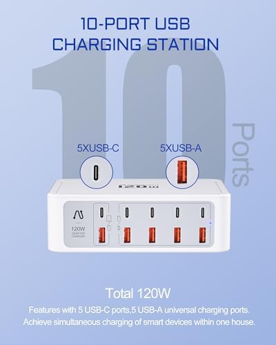 Ultimate 10-Port USB & USB-C Fast Charging Station – 120 W Multi-Device Power Hub with PD3.0 & QC3.0 for i Phone 15/14/13/12, i Pad Air/Pro, Galaxy – Sleek White Design for Home and Travel Efficiency