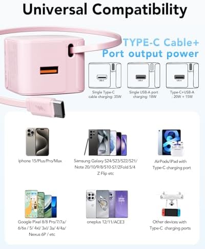 Revolutionary 35 W PD Fast Charging Retractable Wall Charger with Built-in Type-C Cable & USB Port – Ultra-Compact, Foldable Design Ideal for i Phone 16/15, Galaxy S25, and Pixel Devices – Unmatched Portability and Device Safety for Dynamic Lifestyles