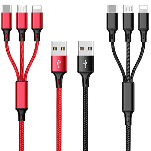 Versatile 3-in-1 Multi Charging Cable Set – 4 ft Braided USB C, Micro USB & Lightning Cable Duo (Red & Black) for Fast Charging and Data Transfer – Perfect for Smartphones, Tablets, and More – Durable, Tangle-Free Design for Maximum Convenience and Efficiency