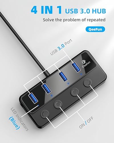 Revolutionize Your Connectivity with the Qeefun 4-Port USB 3.0 Hub – High-Speed 5 Gbps Data Transfer, Individual LED Power Switches, and 2 ft Extension Cable for Ultimate Flexibility – Perfect USB Splitter for Laptops, PCs, i Macs, and More! Enhance Your Workspace Efficiency and Control Multiple Devices Effortlessly!