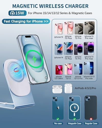 Magnetic Wireless Charger for i Phone 15/14/13/12 Series – Versatile Mag Safe Charging Stand with Dual Ports & 5 ft Cable for i Phone and Air Pods 2/3/Pro (Adapter Not Included) – Enhanced Speed & Seamless Compatibility for Effortless Power Solutions