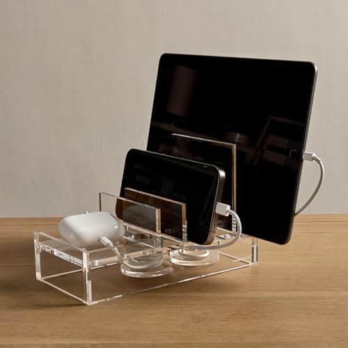 Maximize Workspace Efficiency with the russell+hazel Premium Acrylic Tech Collator: Stylish Charging Station for Phones, Tablets & Earbuds – Modern Desk Organizer 8″ x 4″ x 5″ – Fast, Reliable Charging & Enhanced Device Compatibility