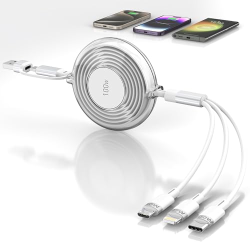 Versatile 3-in-1 Retractable Multi Charging Cable – 100 W USB-C Fast Charger for i Phone 15, 14, 13 & Samsung Devices – Stylish 4 FT Tangle-Free Cord in Elegant Pink – Essential Travel Companion for Quick Charging and Enhanced Compatibility