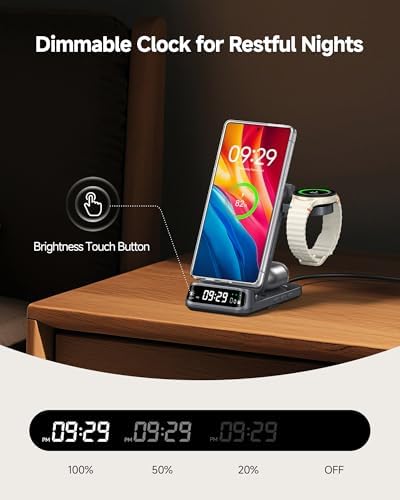 Magnetic 3-in-1 Wireless Charging Station for Samsung Devices – Foldable Fast Charger for Galaxy S25/S24/S23/Note 20/Z Fold & Flip Series, Galaxy Watch 7/6/5 Pro/Ultra & Buds Pro/Live – Enhanced Compatibility with Adjustable Dimming Clock, Rapid Charging Efficiency, and Portable Design for Travel and Home Use