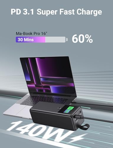 High-Power 140 W Portable Charger | 27600 m Ah 3-Port PD3.1 Power Bank for Universal Device Charging | Fast Charging for i Phone 12/13/14/15/16 Series, Mac Book, Samsung, Dell XPS, Steam Deck | LCD Display, Compact Design with Lanyard for Travel Safety | Ultimate Charging Solution for Camping, Hiking, and Vacations