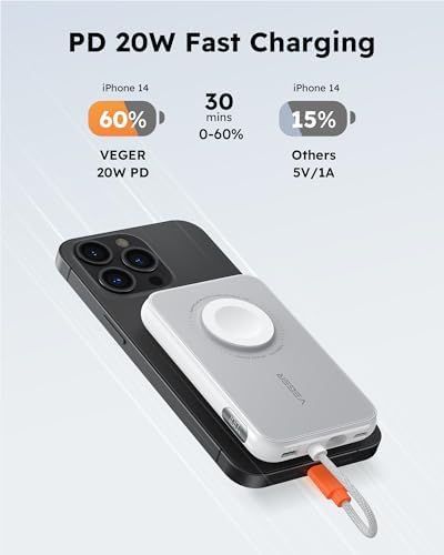 VEGER 5000 m Ah Mini Power Bank with Built-in Cable – PD 20 W Fast Charger for i Phone 14/13/12/Pro Max, Android Devices & Apple Watch – Lightweight Travel Essential in Vibrant Yellow – Ultimate Charging Solution for On-the-Go Connectivity