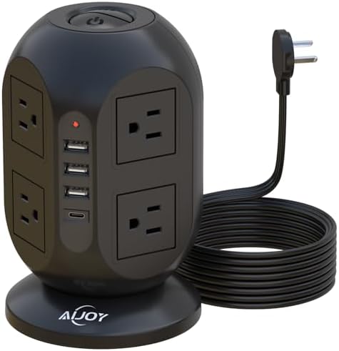 Compact Surge Protector Power Strip Tower with 8 AC Outlets & 4 Fast-Charging USB Ports (1 USB-C) – Aioy 10 FT Flat Plug Extension Cord for Organized Home & Office Use, Black – Ultimate Device Charging Solution for Efficiency and Safety